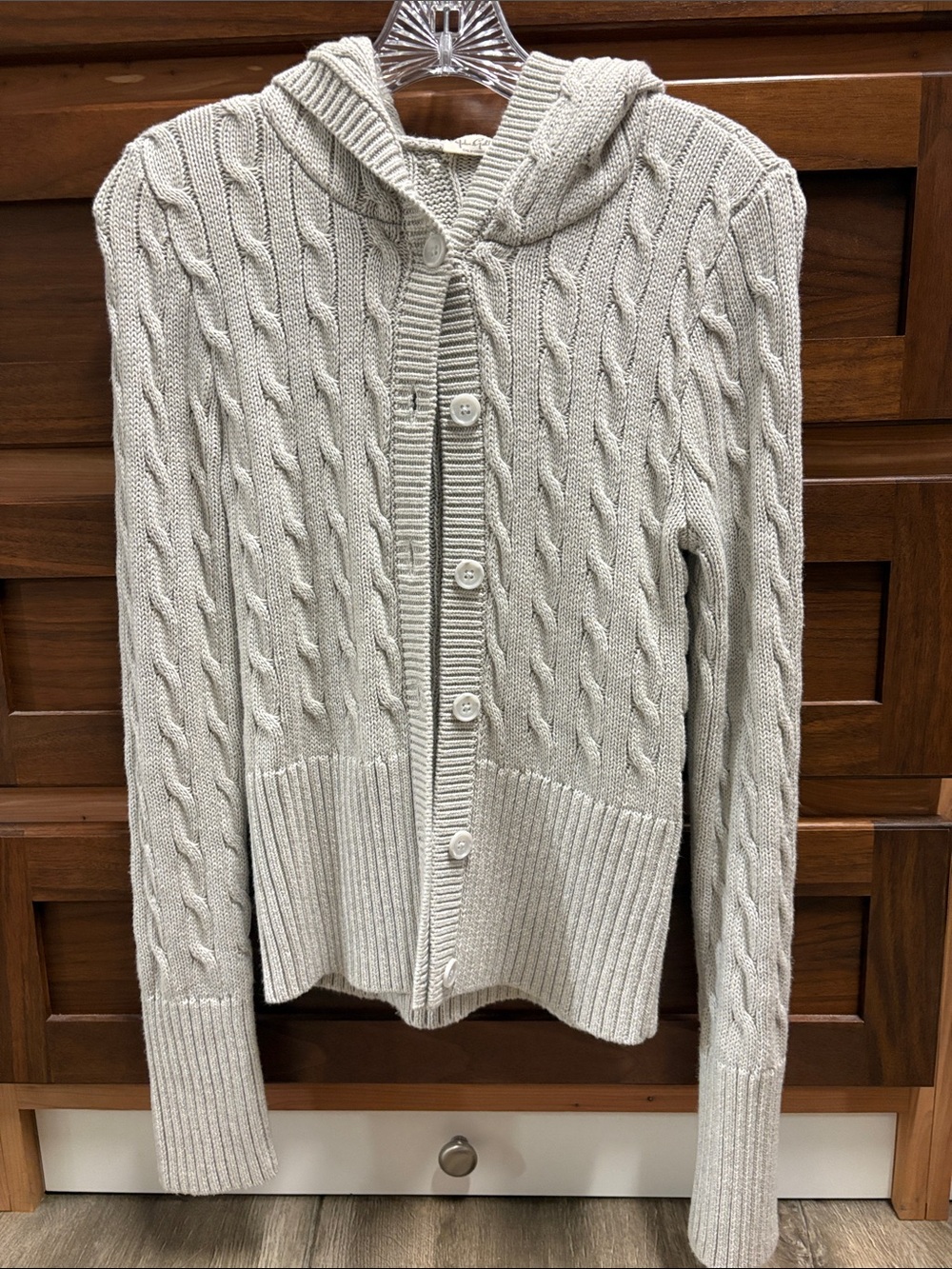 John Galt NWOT Light Gray Cable-Knit Hooded Button Cardigan Sweater